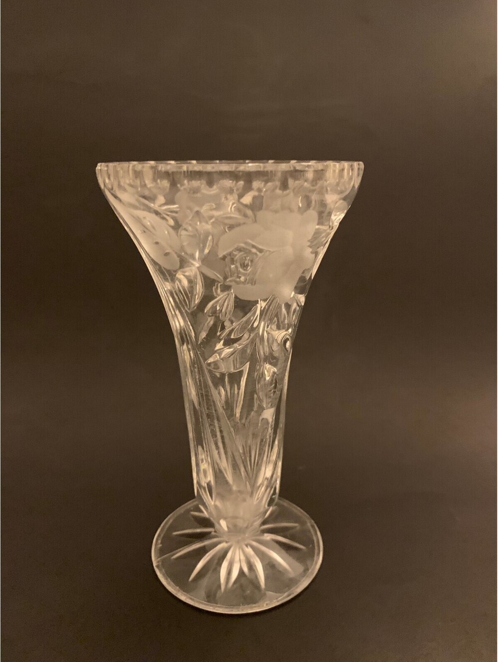 Vintage Lead Crystal Vase, floral design,6.5" cut glass